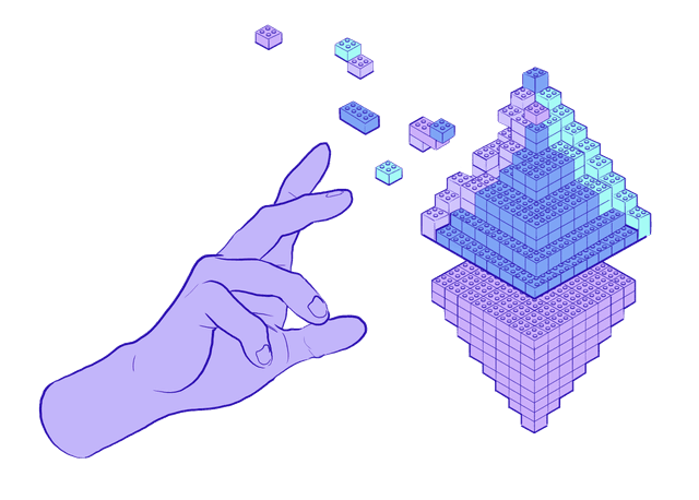 Illustration of a hand building an ETH symbol out of lego bricks.