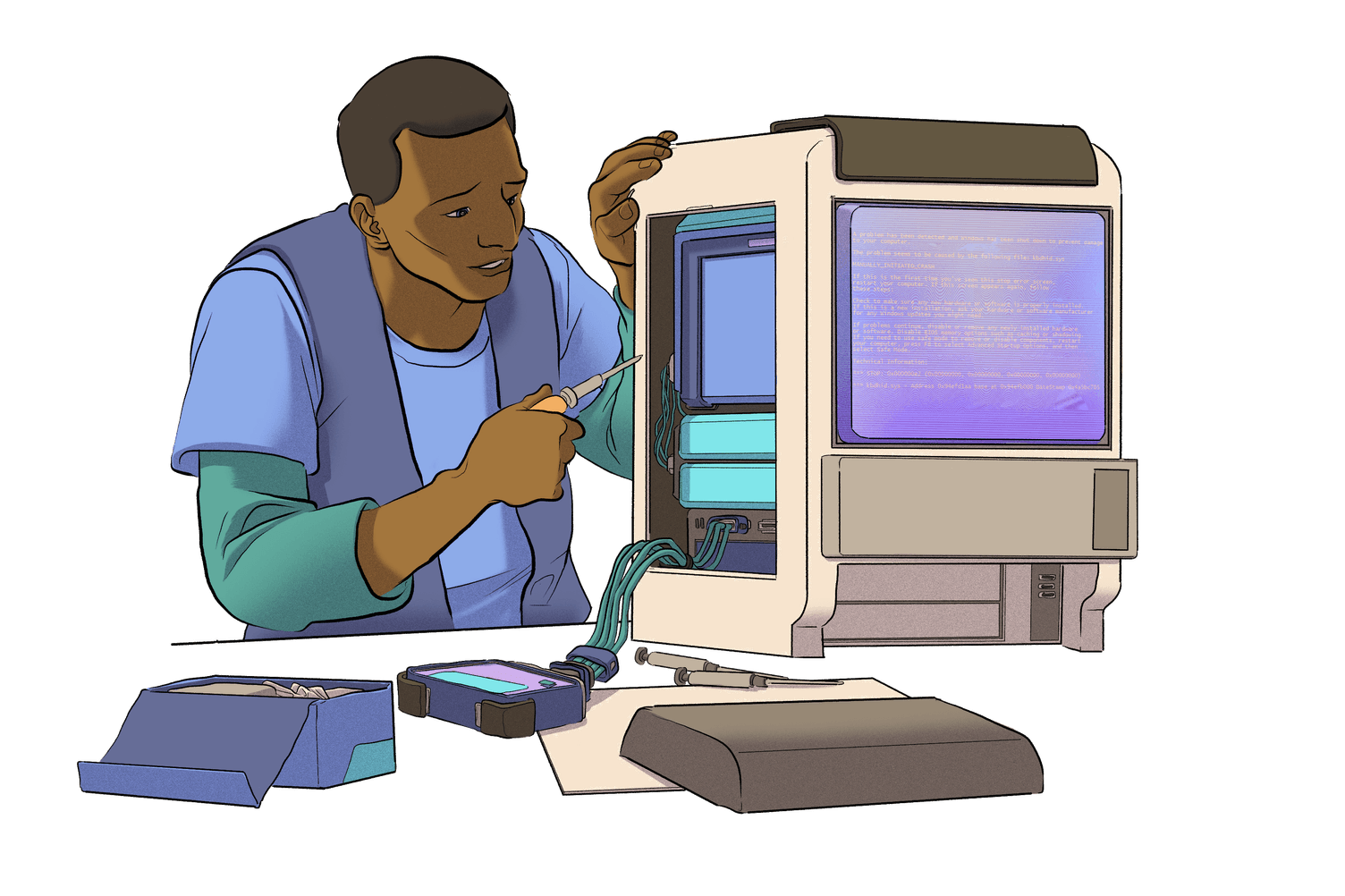 Illustration of a person working on a computer.