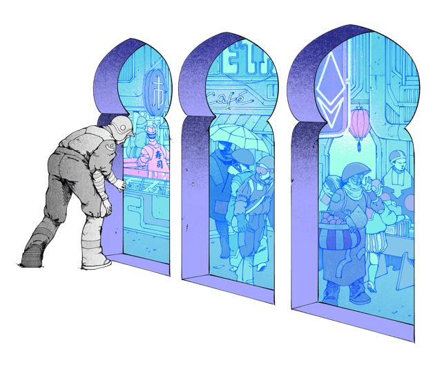 Illustration of a person peering into a bazaar, meant to represent Ethereum.