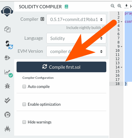 El botón Compile en el compilador de solidity de Remix